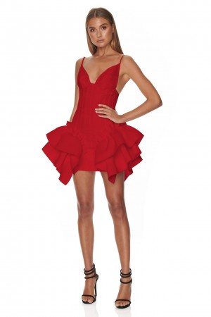 Strappy Sleeveless Asymmetric Ruffled Red Fishtail Dress