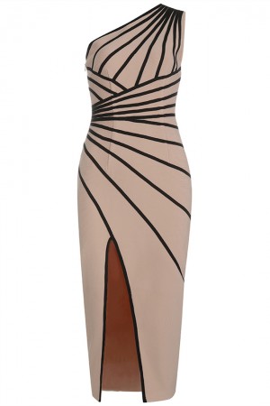 Ladies One-Shoulder Striped Sexy Split Dress