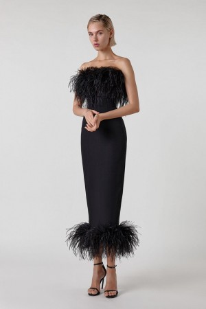 Celebrity Black Strapless Feather Trim Bandage Dress