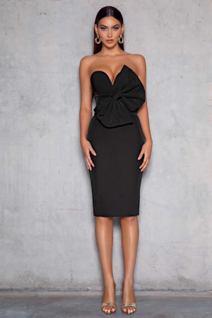 Black Strapless Bow Tie Mini Bandage Dress