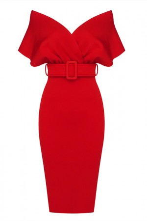 Off Shoulder V-Neck Red Bandage Dress