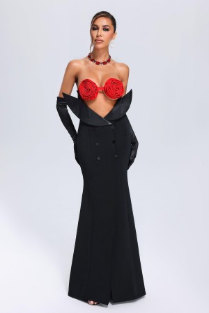 Red Flower Embroidered Black Maxi Dress