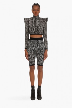 Bm Cropped Bicolor Jacquard Knit Sportswear Top+Shorts 