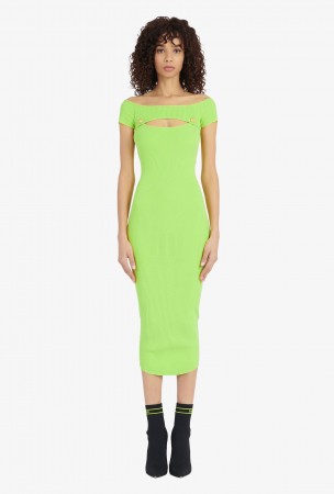 Bm Midi Length Lime Green Knit Openwork Dress