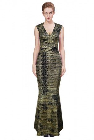 Herve Leger Leslie Woodgrain Foil Print Gown