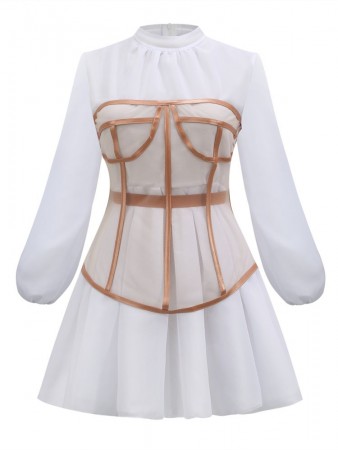 Ladies’ Fashion And Elegant Perspective Two-Piece Suit Waist Puff Sleeve White Dress