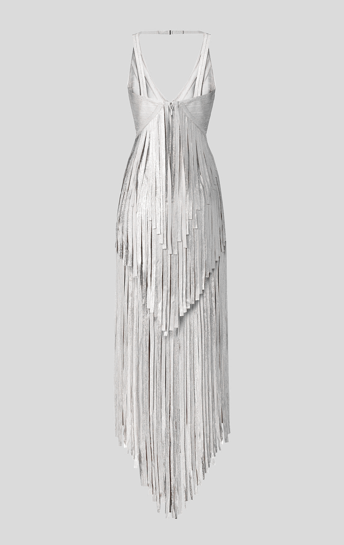 herve leger draped fringe deep square neck gown