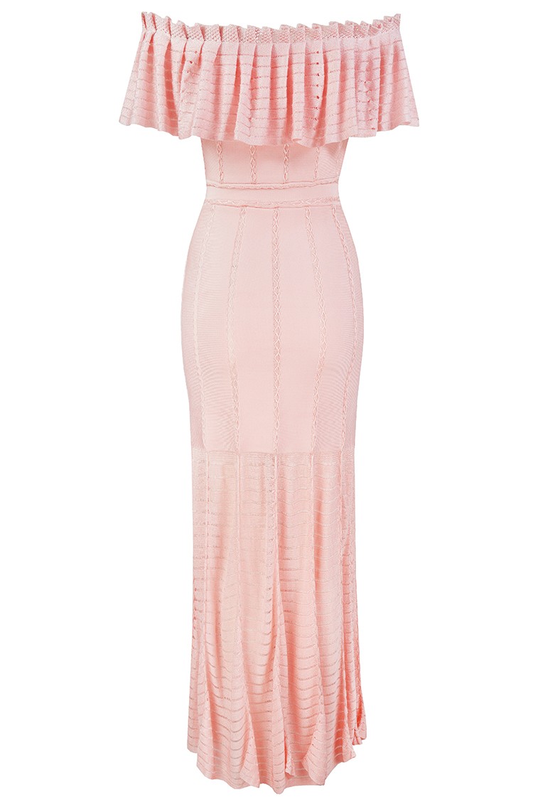 Herve Leger Bandage Dress Long Gown Off Shoulder Ruffled Pink