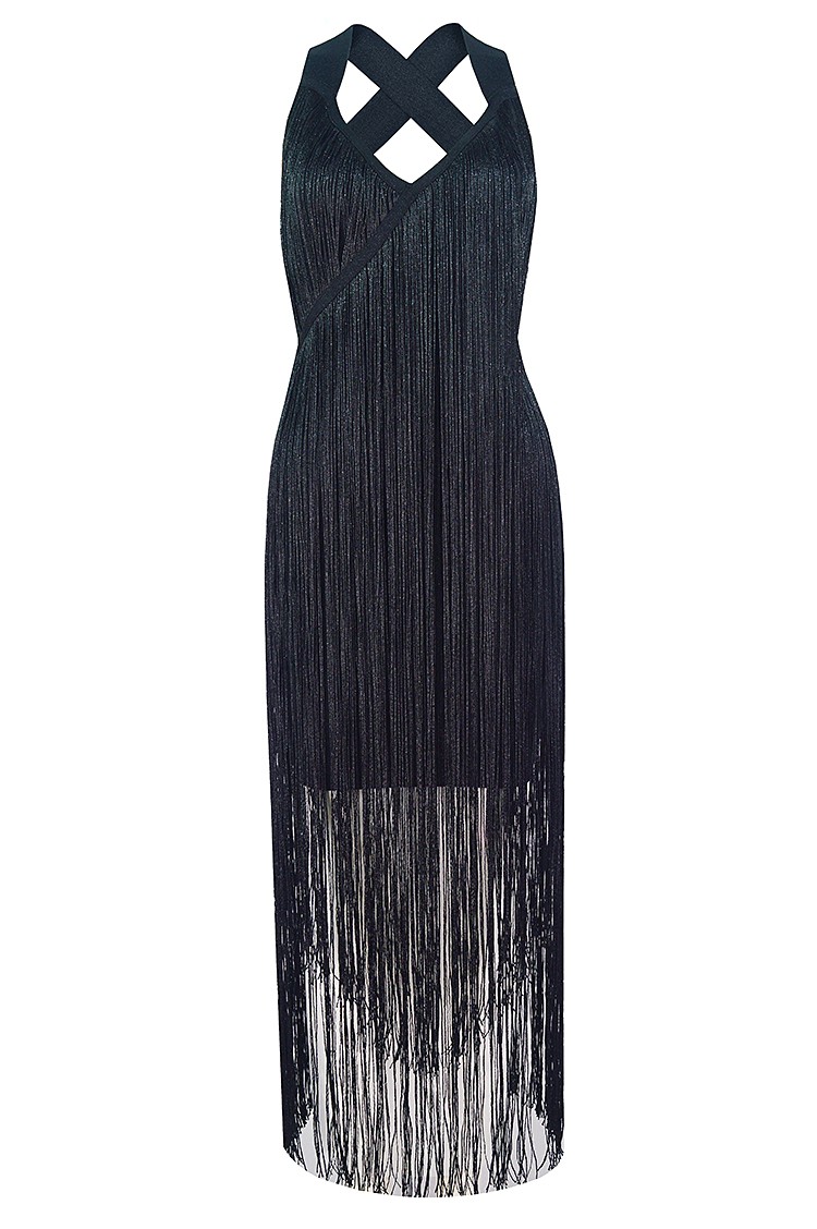 herve leger draped fringe deep square neck gown