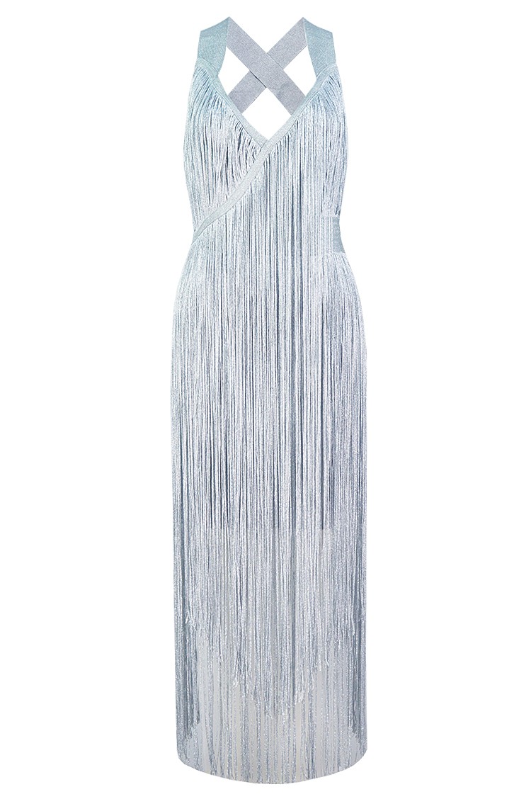 Herve Leger Silver Fringe Midi Dress