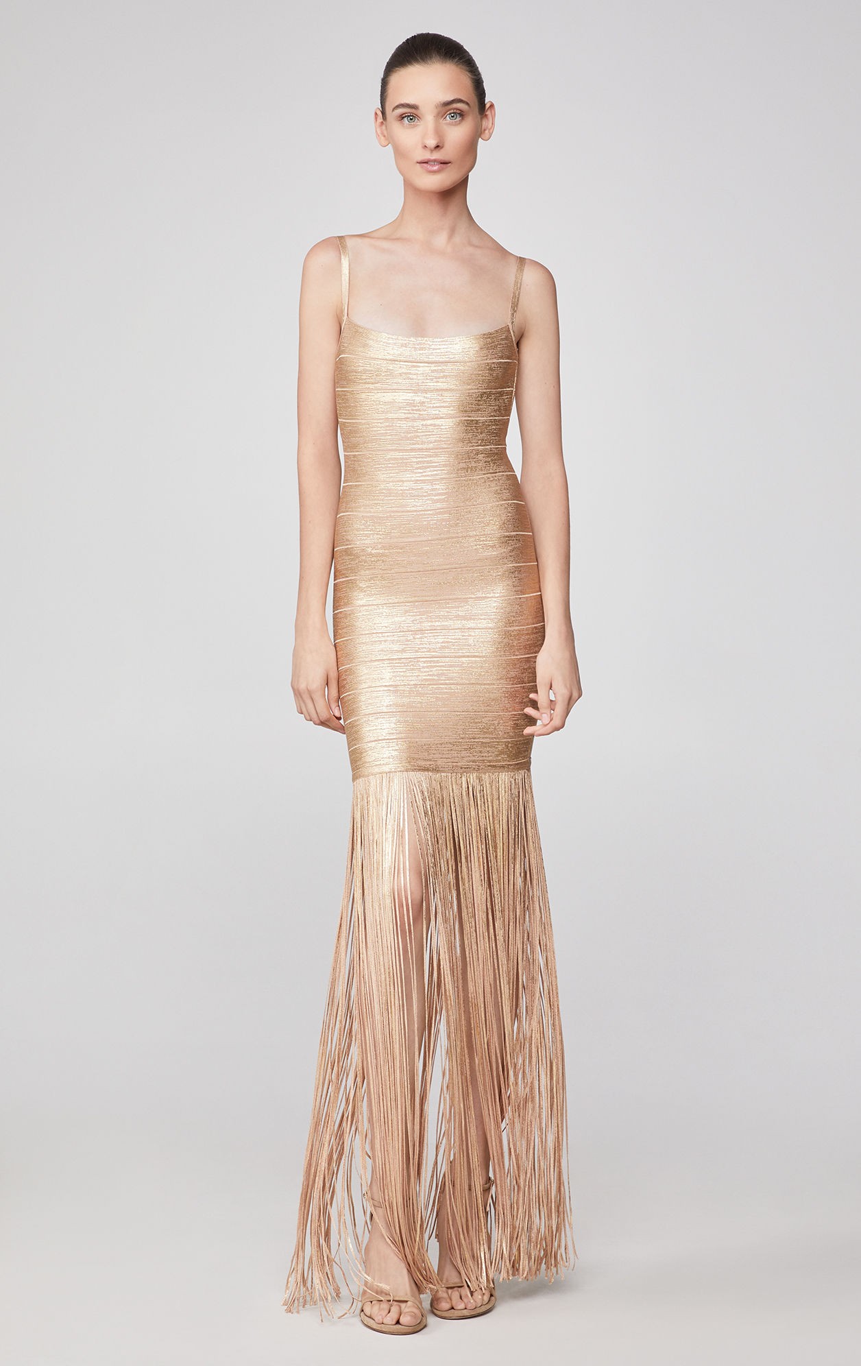 woodgrain foil print fringe gown