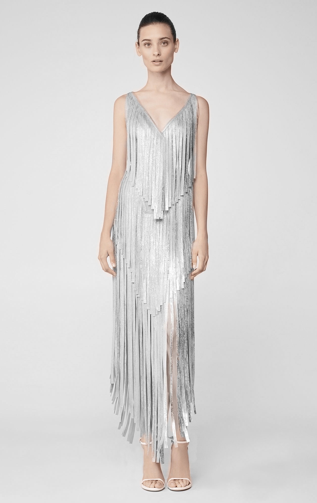 herve leger draped fringe deep square neck gown