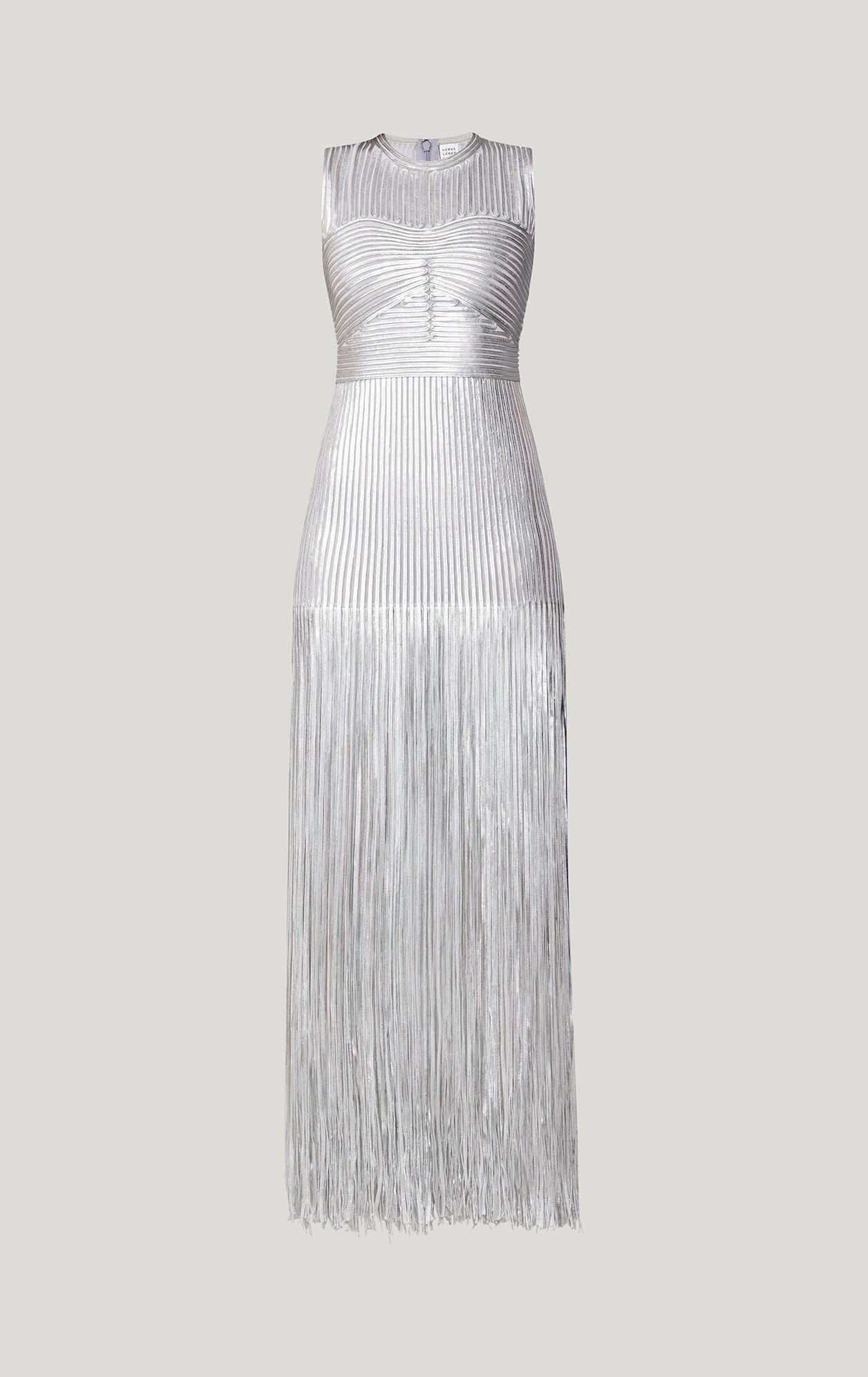 herve leger draped fringe deep square neck gown
