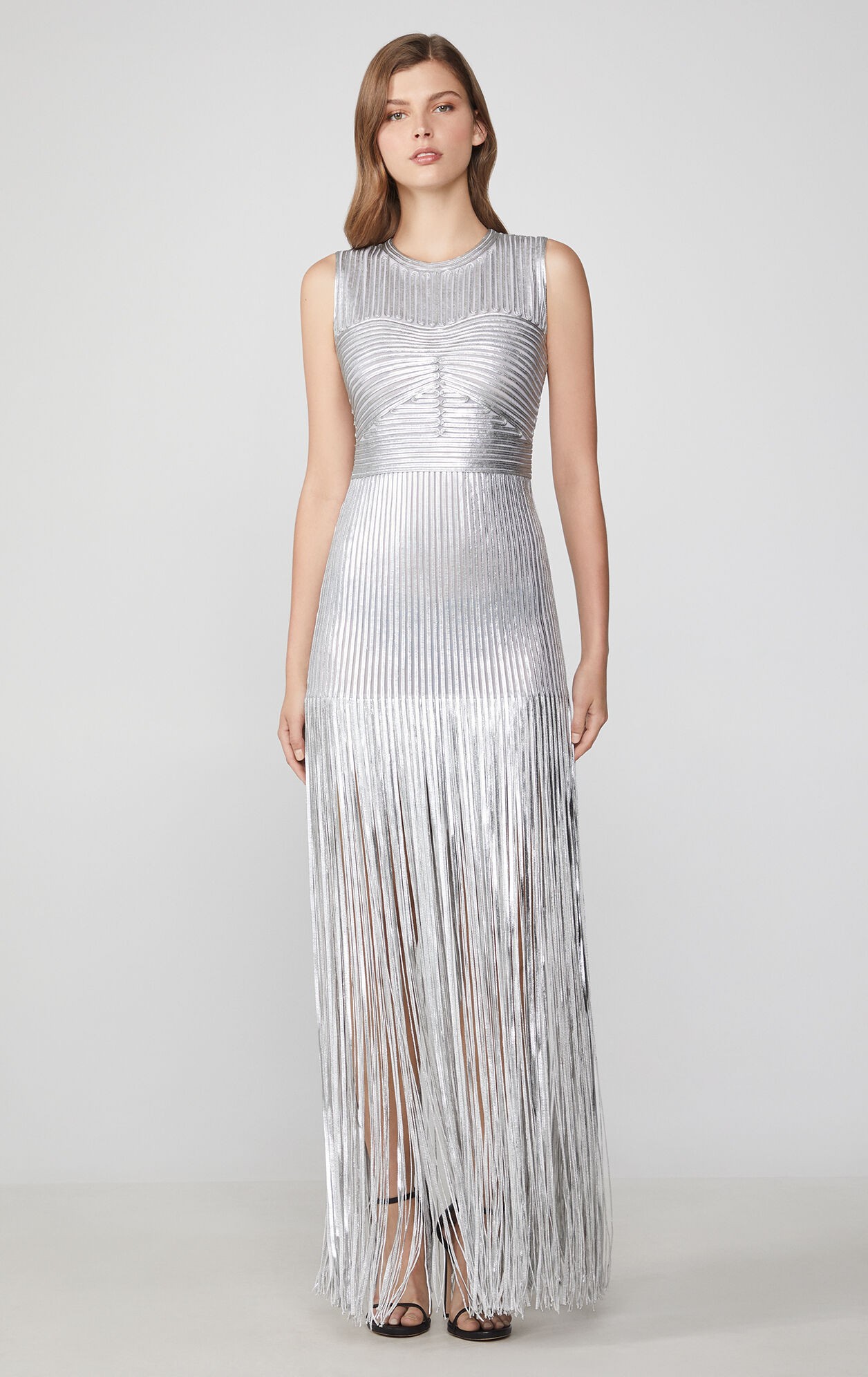 herve leger draped fringe deep square neck gown