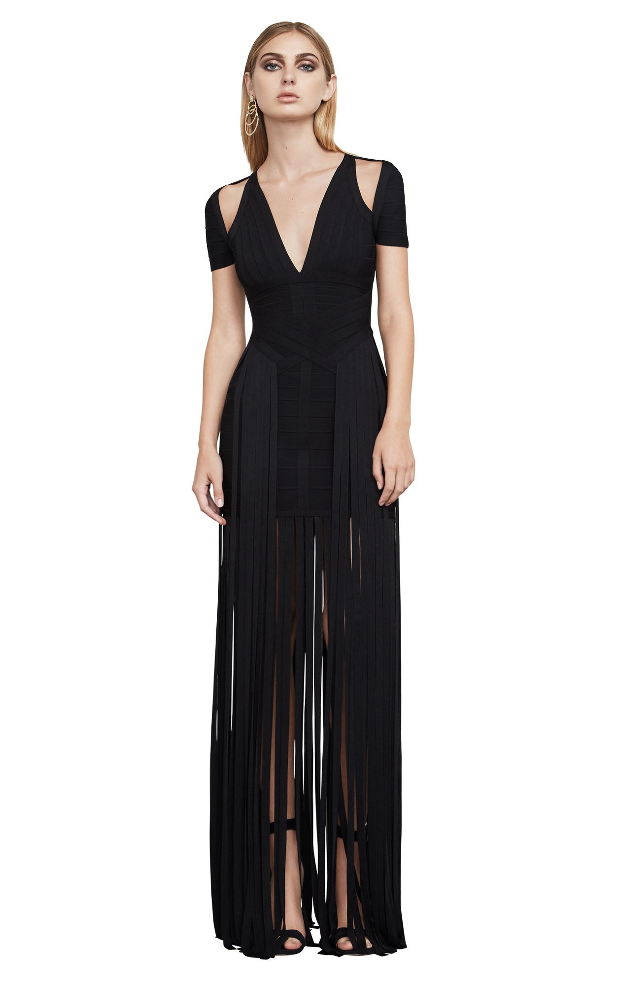 herve leger draped fringe deep square neck gown
