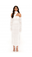 Elegant One-Shoulder Design White Ruched Midi Dress