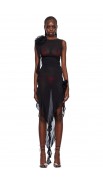 Sexy Asymmetrical Shoulder Floral Sheer Black Dress