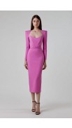Pink Shoulder Pad Elegant Midi Dress