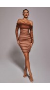 Strapless Ruched Mesh Bandage Midi Dress