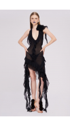 Black Asymmetric Ruffled Halter Dress