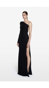 herve leger black one-shoulder long-sleeve bandage dress