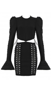 Black Flare Long Sleeve Hollow Out Bandage Dress