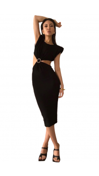 Black Sleeveless O-Neck Waist Hollow Dress