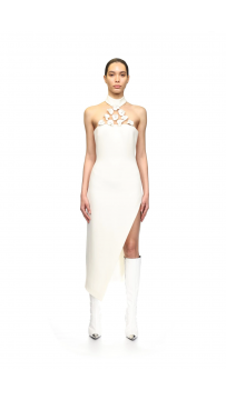 White Flower Embellished Bandage Midi Dress