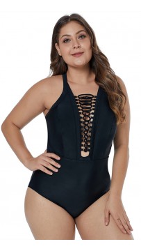 Sexy V-Neck Beach Triangle One-Piece Black Bikini