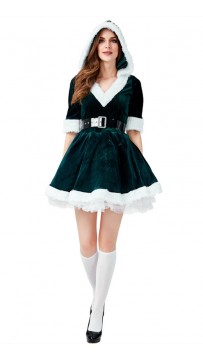 Christmas Costume Velvet Dark Green V-neck Bubble Hooded Dress 