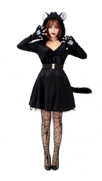 Halloween Animal Cosplay Black Cat Hooded Net Gauze Puffy Dress