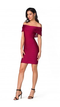 Herve Leger Bandage Dress Off Shoulder Flouncing Red