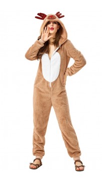 Elk Homewear Adult Coral Velvet Christmas Reindeer Jumpsuit Costume 