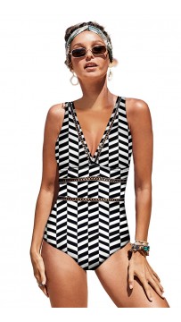 Black And White Plaid One-Piece Halter Sexy Bikini