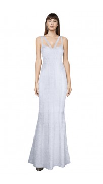 Herve Leger Bandage Dress Long Gown Foil Silver Yoke Strap