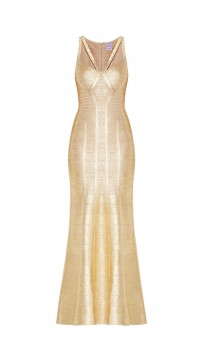 Herve Leger Bandage Dress Long Gown Foil Gold Yoke Strap