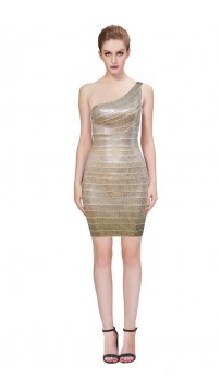 Herve Leger Bandage Dresses Sequin One Shoulder Backless Gold