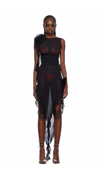 Sexy Asymmetrical Shoulder Floral Sheer Black Dress