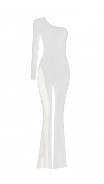 White Women's One Shoulder Long Sleeve Sexy Hollow Bandage Jumpsuit