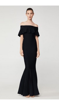 Herve Leger Eyelet Stripe Pleated Gown Black