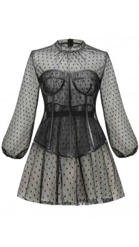 Black Polka Dot Mesh Two-Piece Suit Waist Puff Sleeve Dress