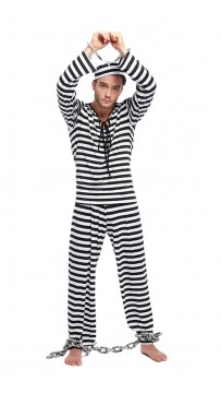 Jailbird Prisoner Men Fancy Dress Robber Convict Uniform Costume