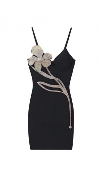 Black Backless Strapless Crystal Flower Mini Bandage Dress