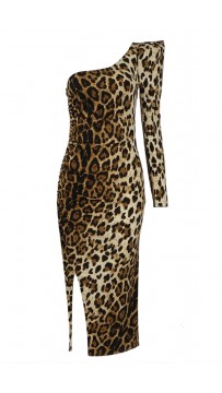 One-Shoulder Leopard-Print Celebrity Bandage Dress