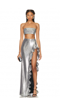 Stunning Silver Sequin Two-Piece Gown  Ruffle High-Slit Skirt