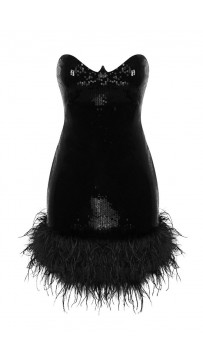 Black Off-Shoulder Sequin Feather Trim Dress