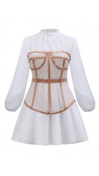 Ladies’ Fashion And Elegant Perspective Two-Piece Suit Waist Puff Sleeve White Dress