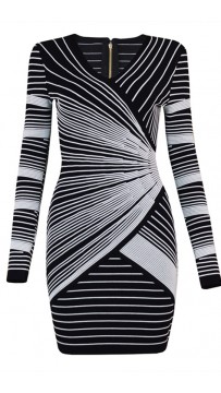 Herve Leger Bandage Dress Long Sleeve V Neck Stripped Black