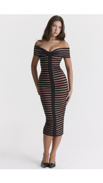 Black & Nude Striped Off-Shoulder Midi Bodycon Dress