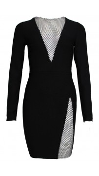 Black V-Neck Sequin Bandage Dress